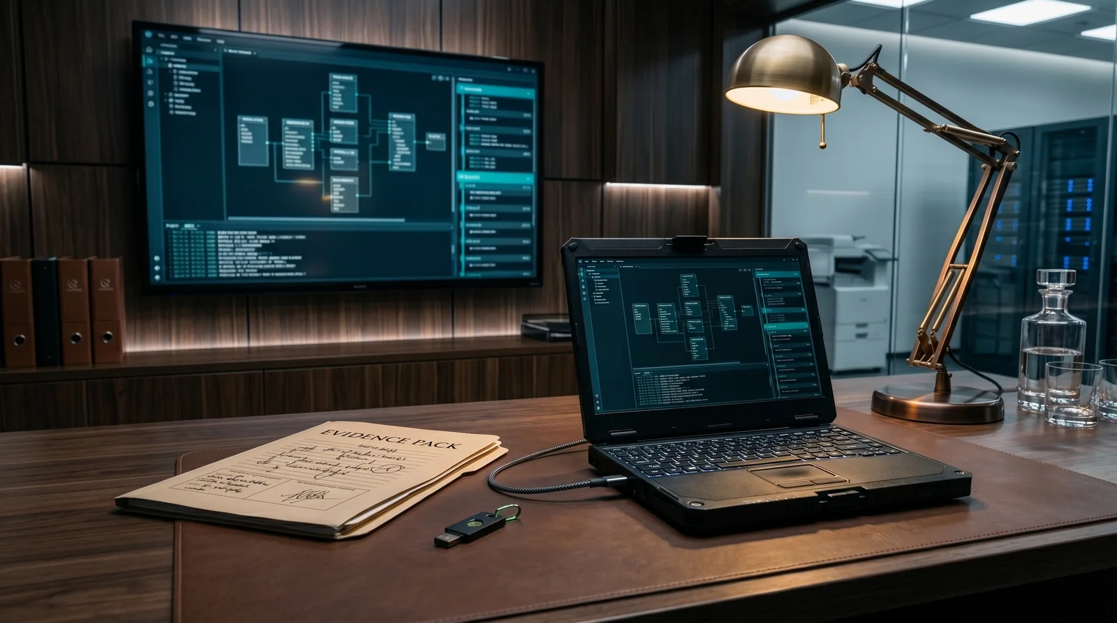 Evidence pack folder beside a secure workstation showing software logic blueprints on office monitors.
