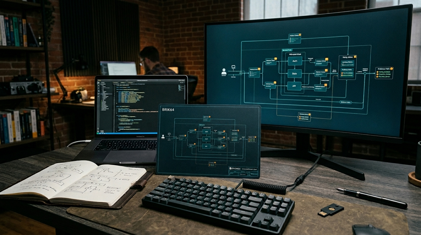 Engineers reviewing AI generated software behavior with blueprint, topology, and evidence overlays in a dark technical workspace.