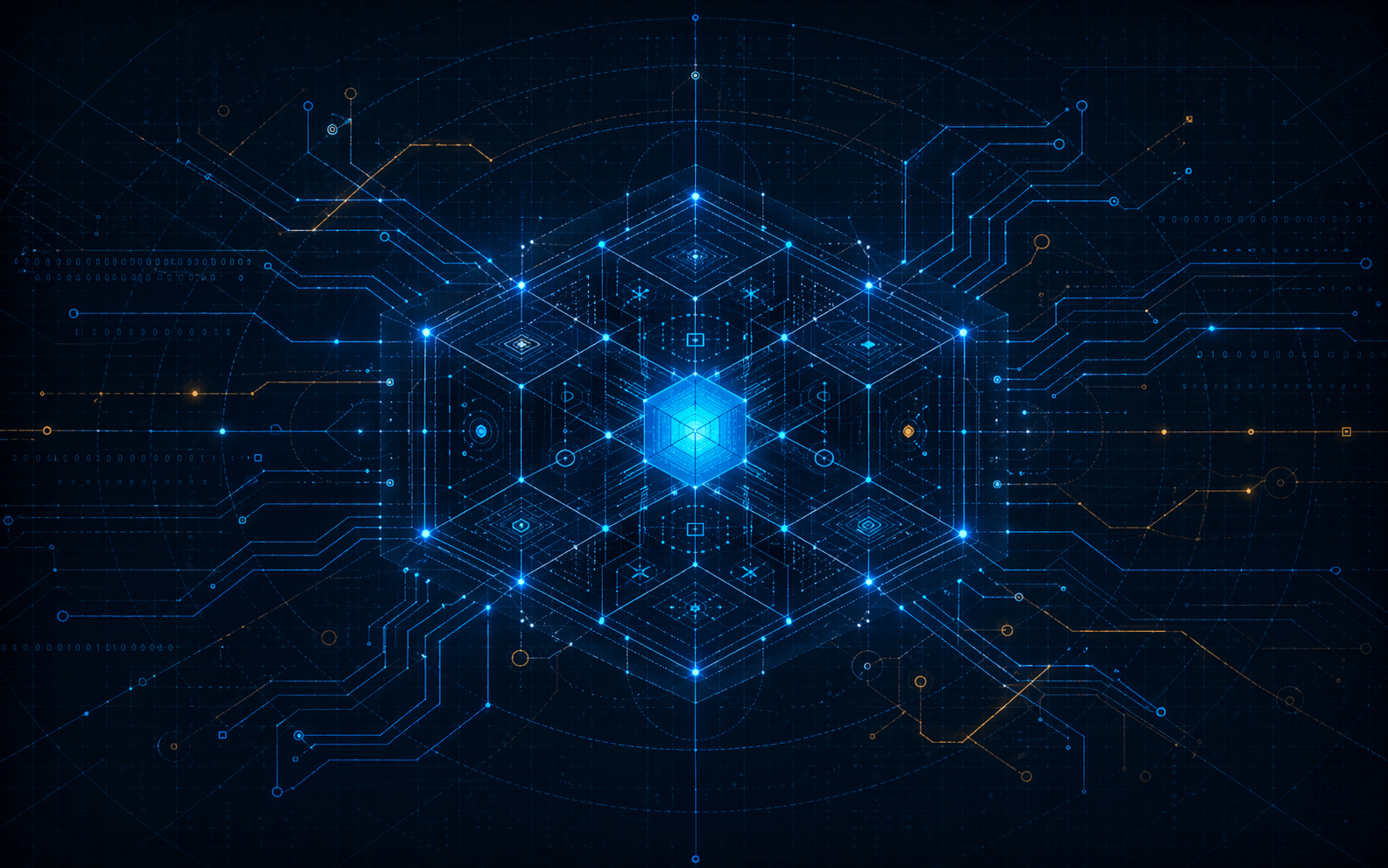 Software logic blueprint with connected monomer nodes, evidence lanes, and registry handoff paths.
